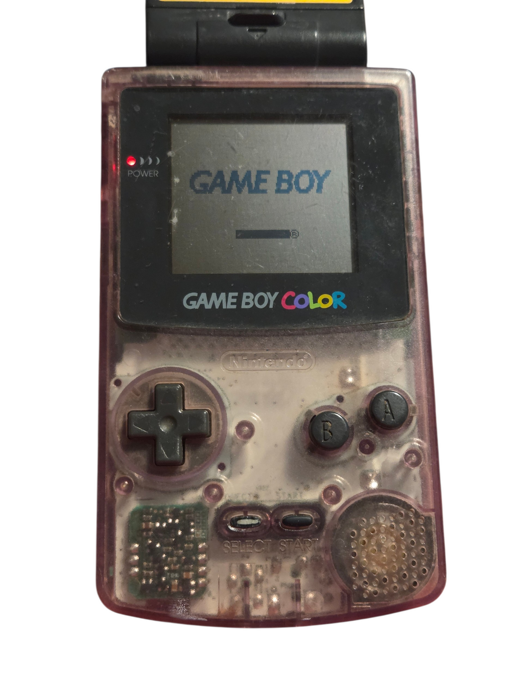 Game Boy Color powered on at startup with Pokémon Pinball cartridge inserted