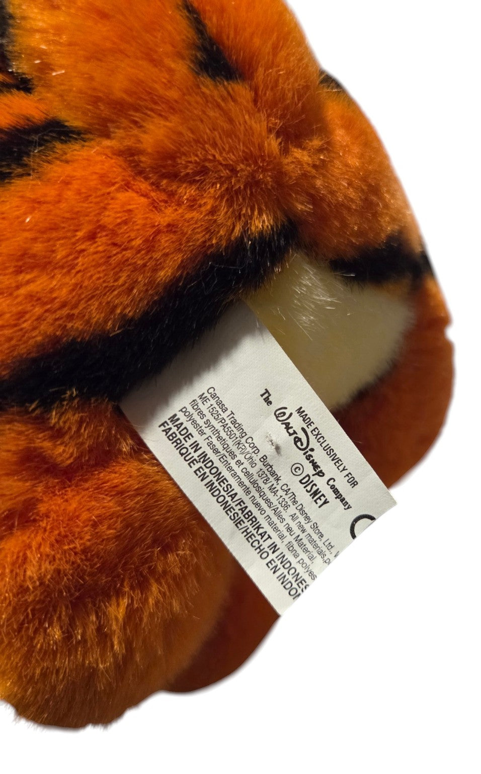 Disney Store Tigger plush manufacturer label showing made in Indonesia