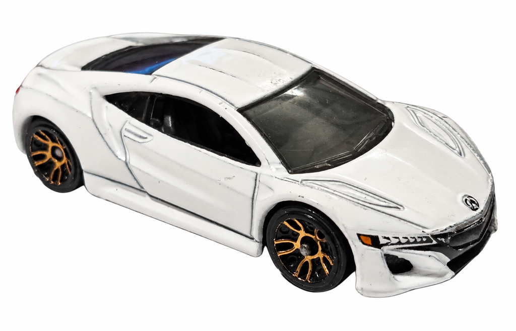 White Hot Wheels 17 Acura NSX with visible playwear on white background
