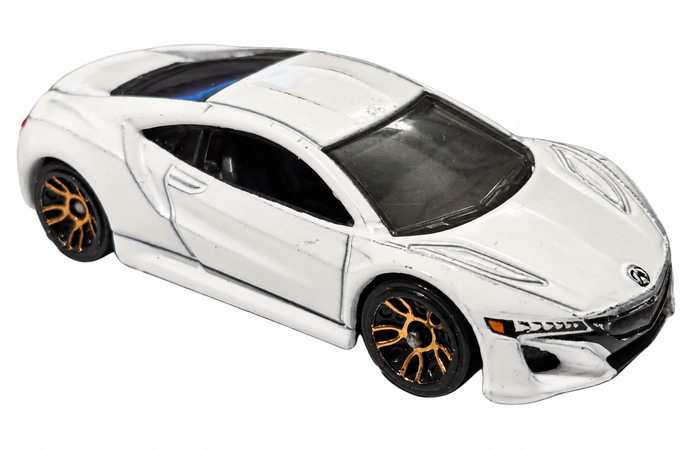 White Hot Wheels 17 Acura NSX with visible playwear on white background