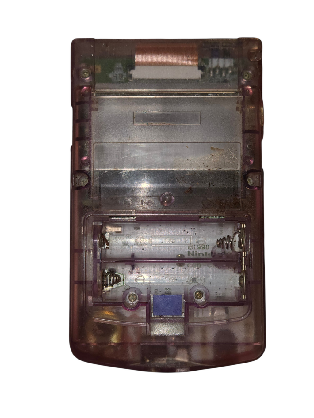 Rear of Game Boy Color with missing battery cover and visible compartment