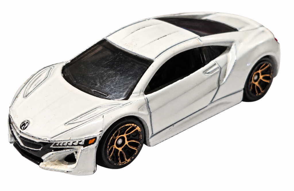 White Hot Wheels 17 Acura NSX with visible playwear on white background