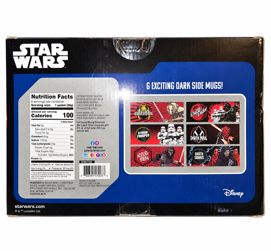 Back of 2024 Star Wars Dark Side six-mug set with cocoa best-by date on white background