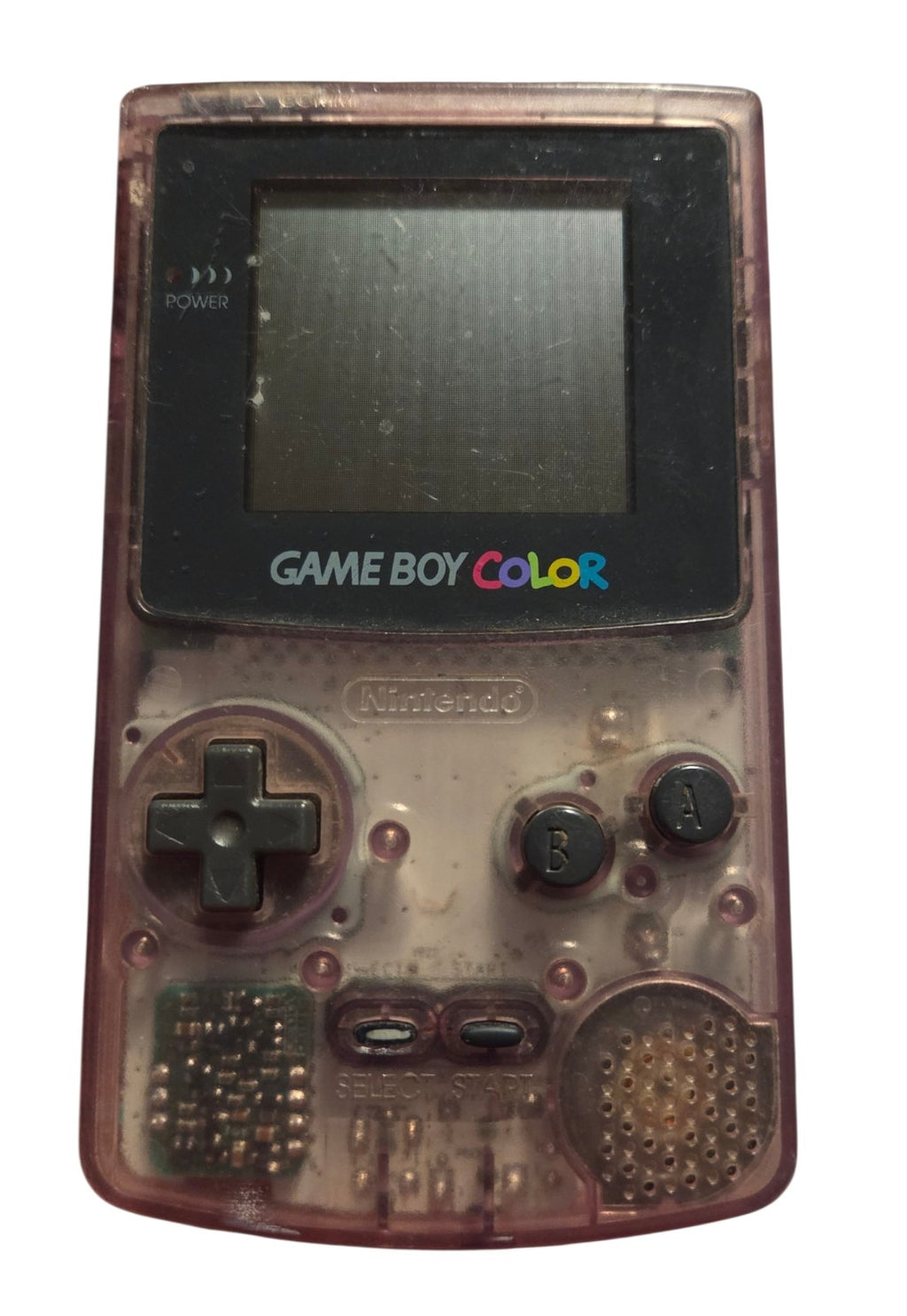 Front of Atomic Purple Game Boy Color showing screen lens scratches and worn controls