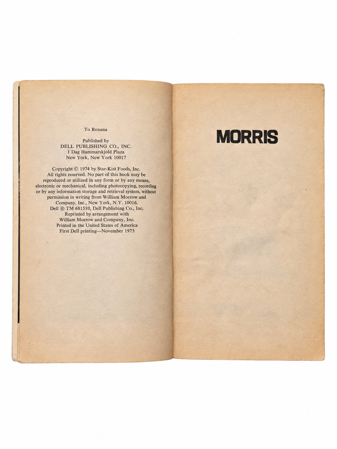 Morris An Intimate Biography copyright page identifying first Dell printing November 1975 on white background