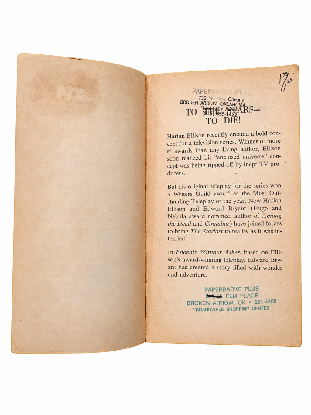 Phoenix Without Ashes opening pages showing bookstore stamps, handwritten markings and tanning on white background