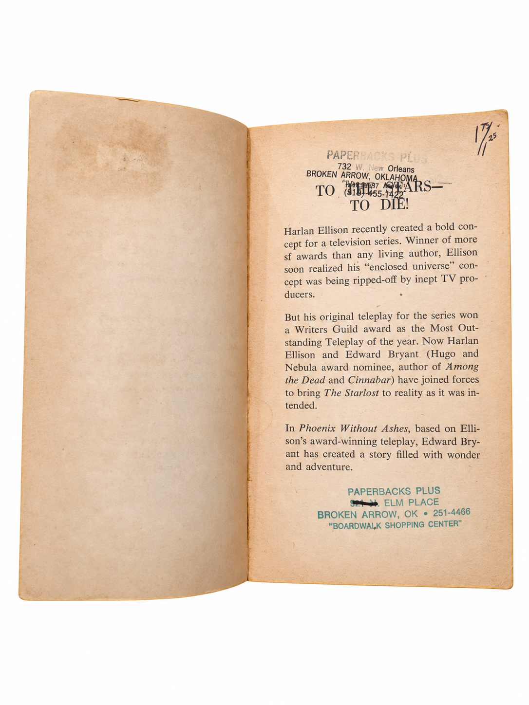 Phoenix Without Ashes opening pages showing bookstore stamps, handwritten markings and tanning on white background