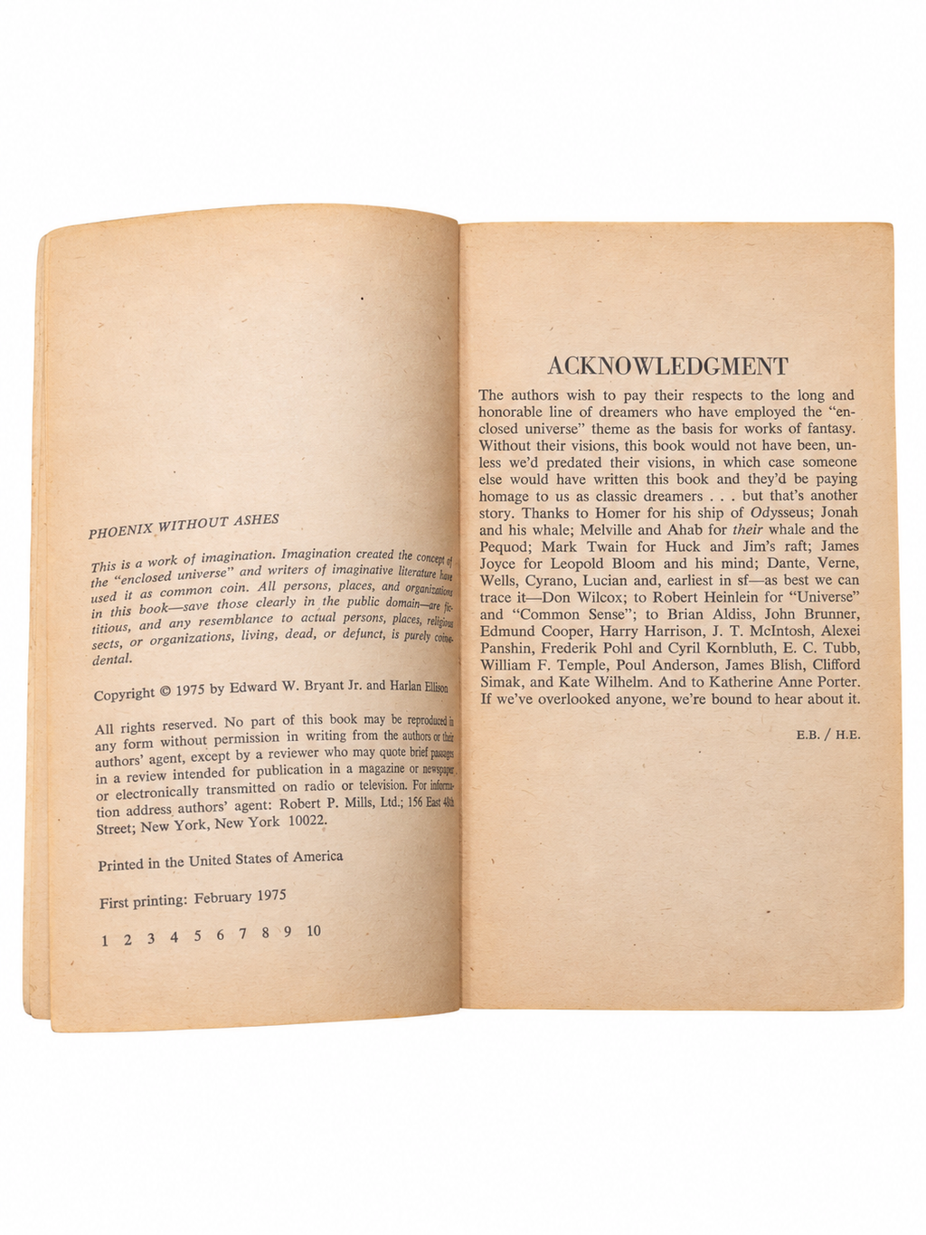 Phoenix Without Ashes copyright and acknowledgment pages, February 1975 first printing, original tanning on white background