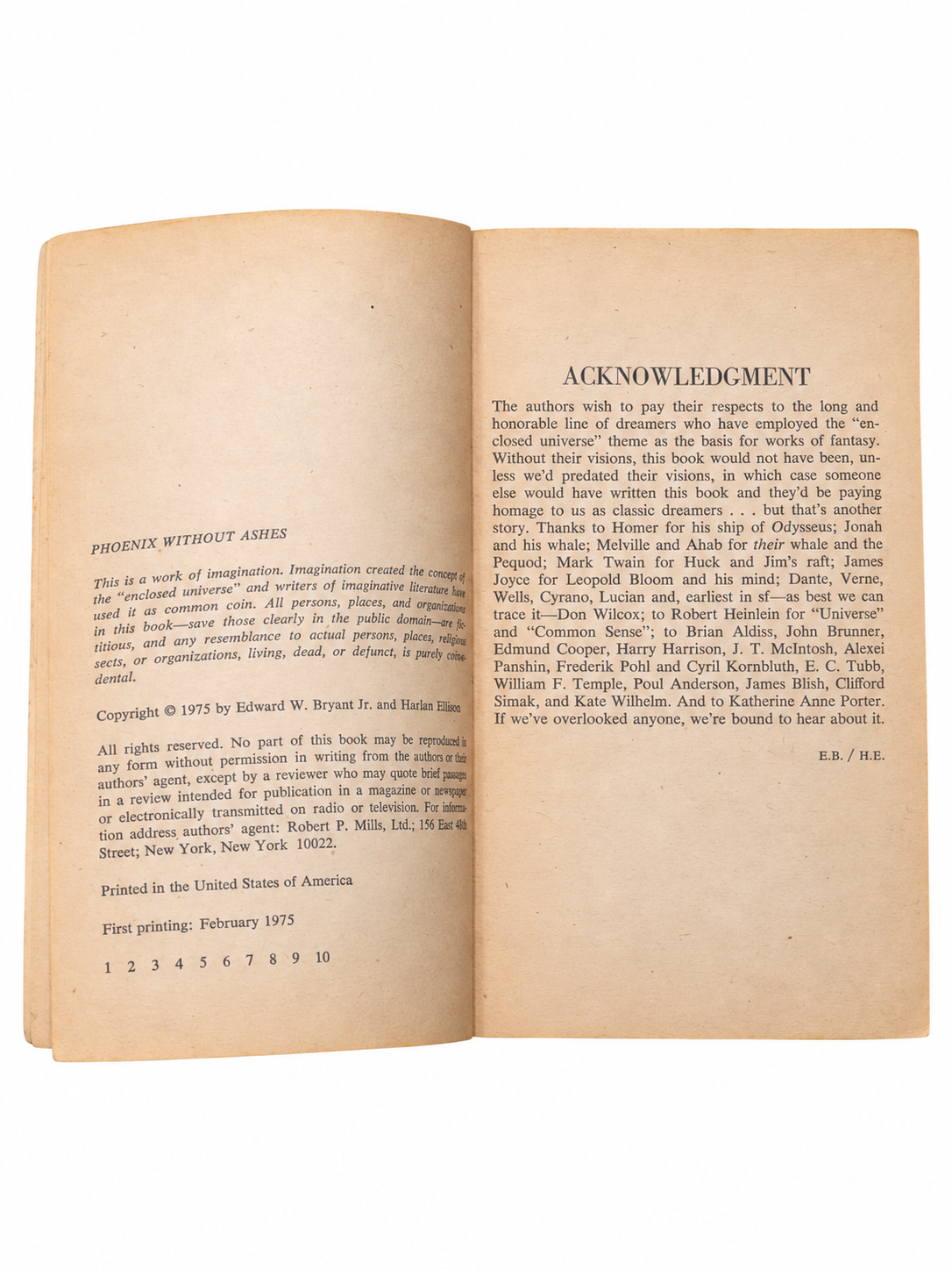 Phoenix Without Ashes copyright and acknowledgment pages, February 1975 first printing, original tanning on white background