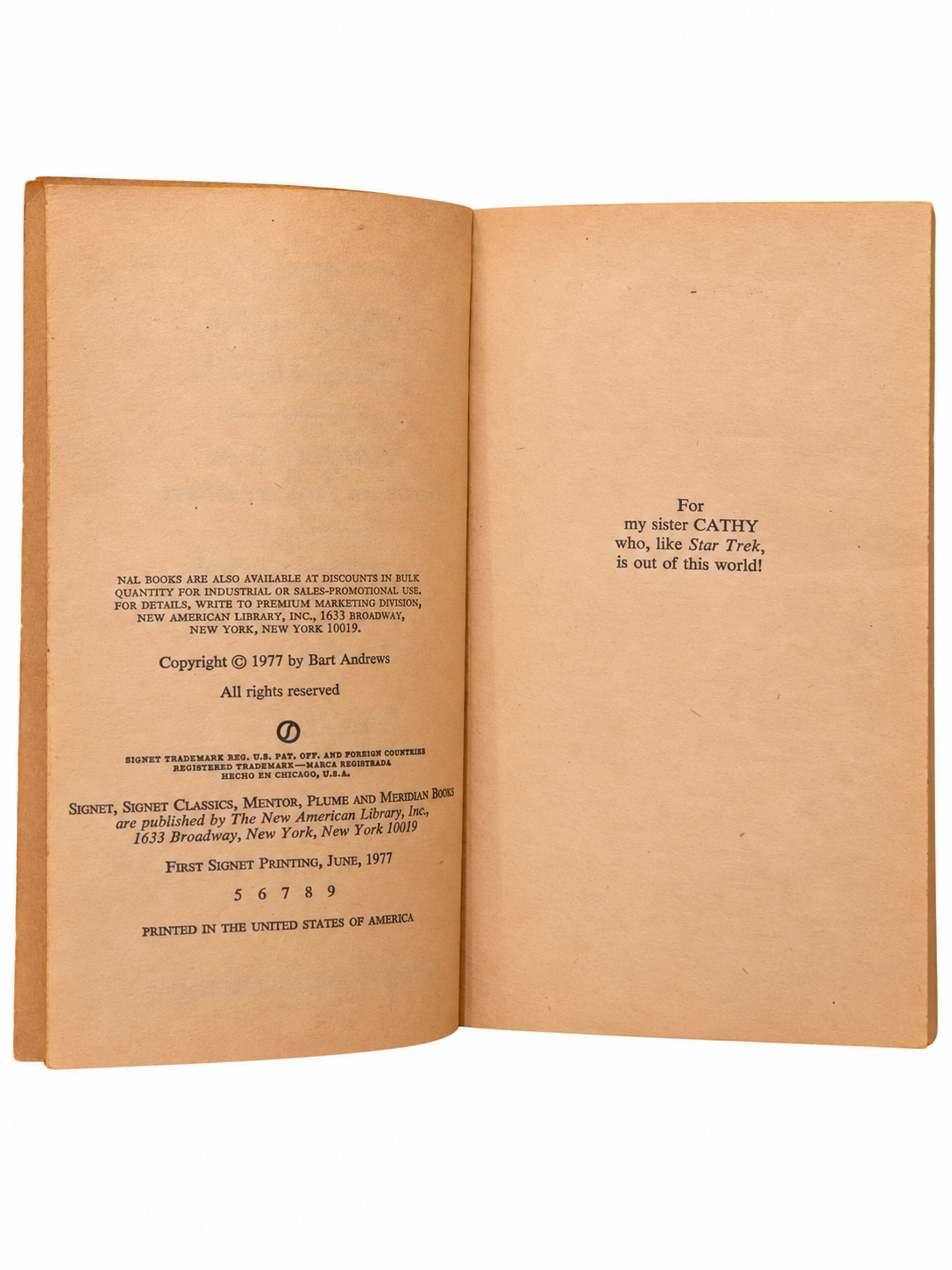 The Trekkie Quiz Book copyright and dedication pages showing fifth printing number line and age tanning on white background