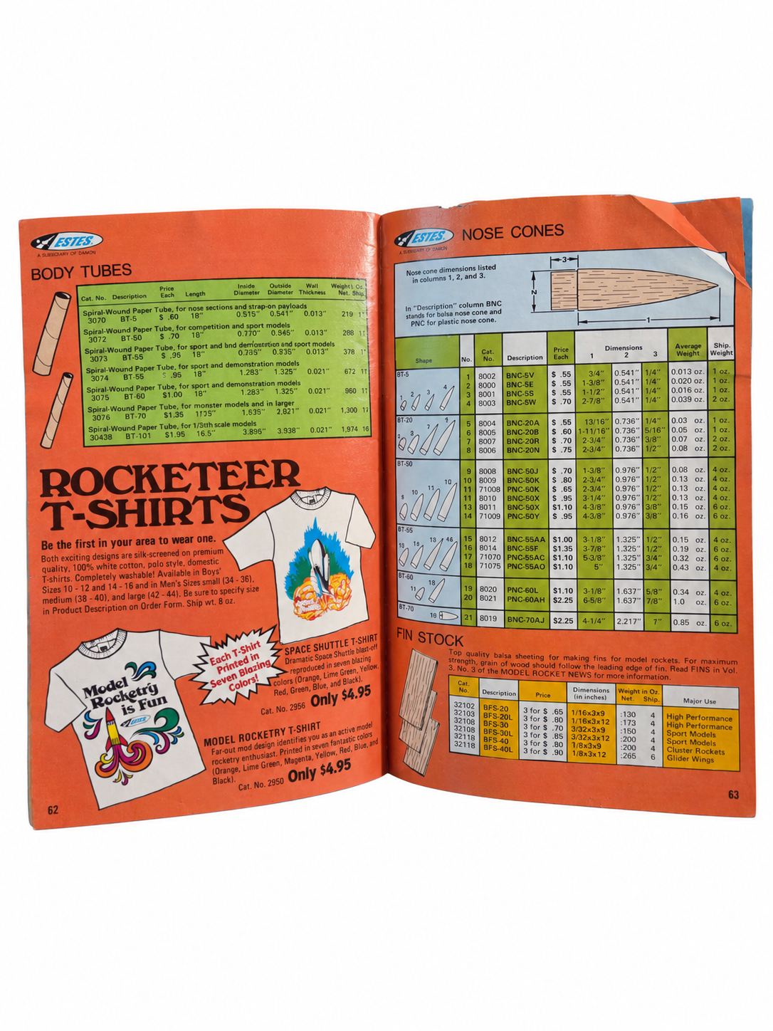 Catalog pages 62–63, body tubes, T-shirts and nose cones, with folded corner