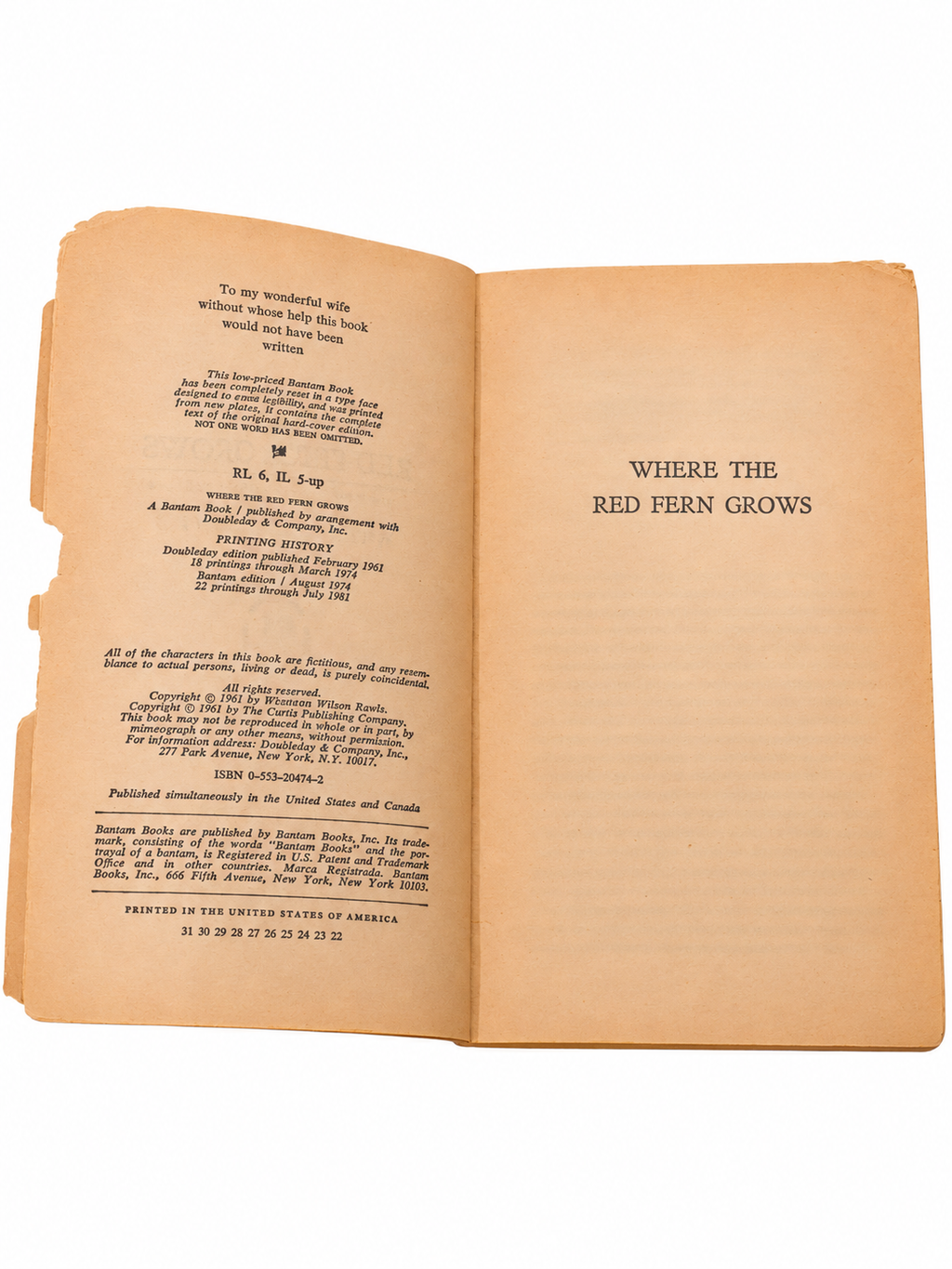 Where the Red Fern Grows copyright and title pages showing July 1981 printing and aged paper on white background