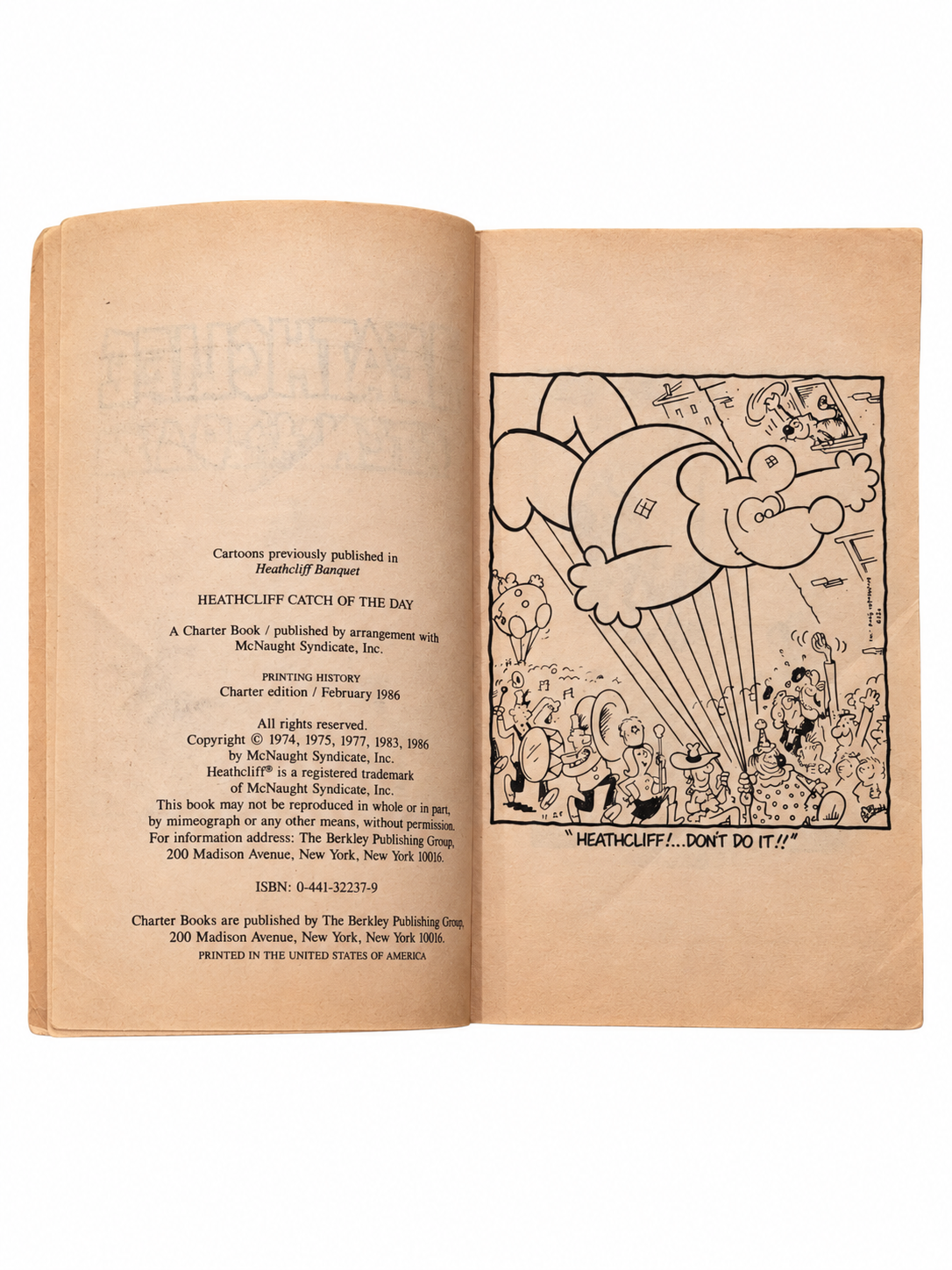 Heathcliff Catch of the Day copyright page showing February 1986 Charter edition on white background