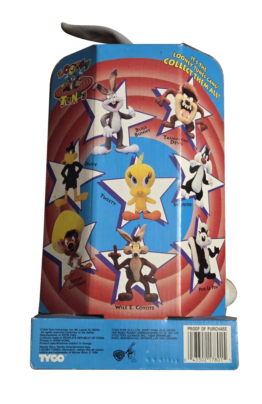 1994 Tyco Bugs Bunny plush in original display packaging, back on white background