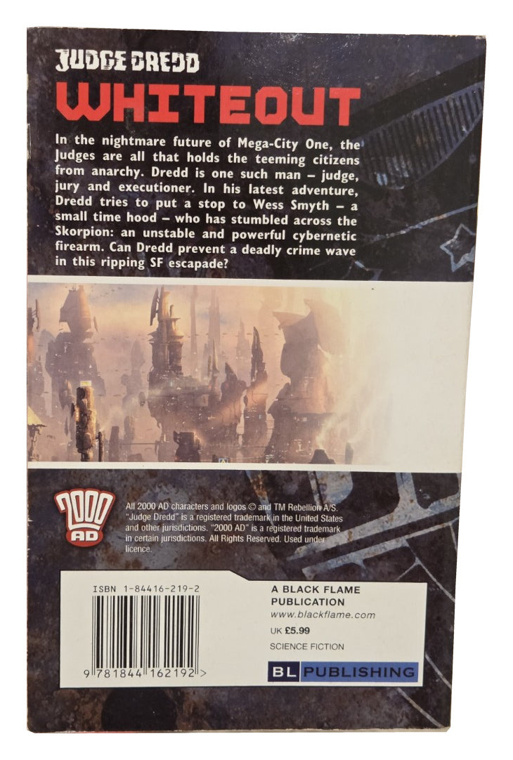 Judge Dredd Whiteout back cover showing original wear on white background