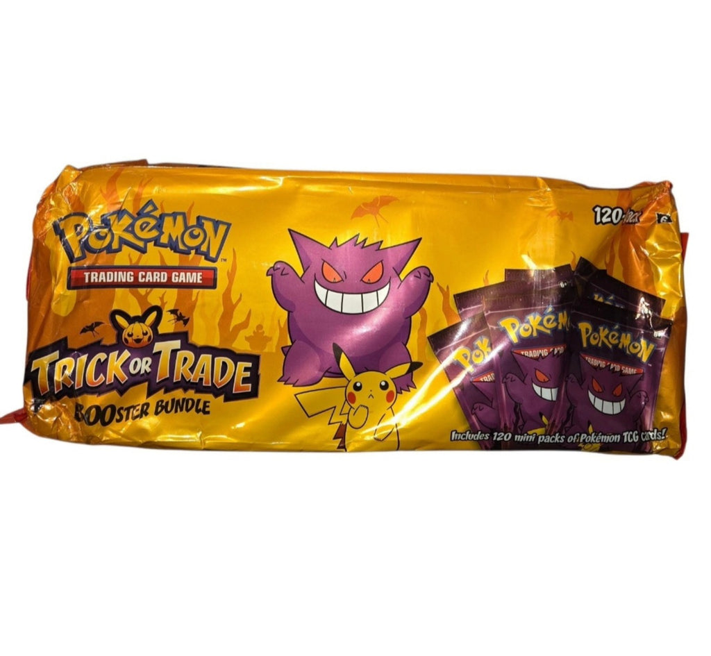 2022 Pokémon Trick or Trade Costco sealed booster bundle with 120 mini packs, front showing Gengar and Pikachu