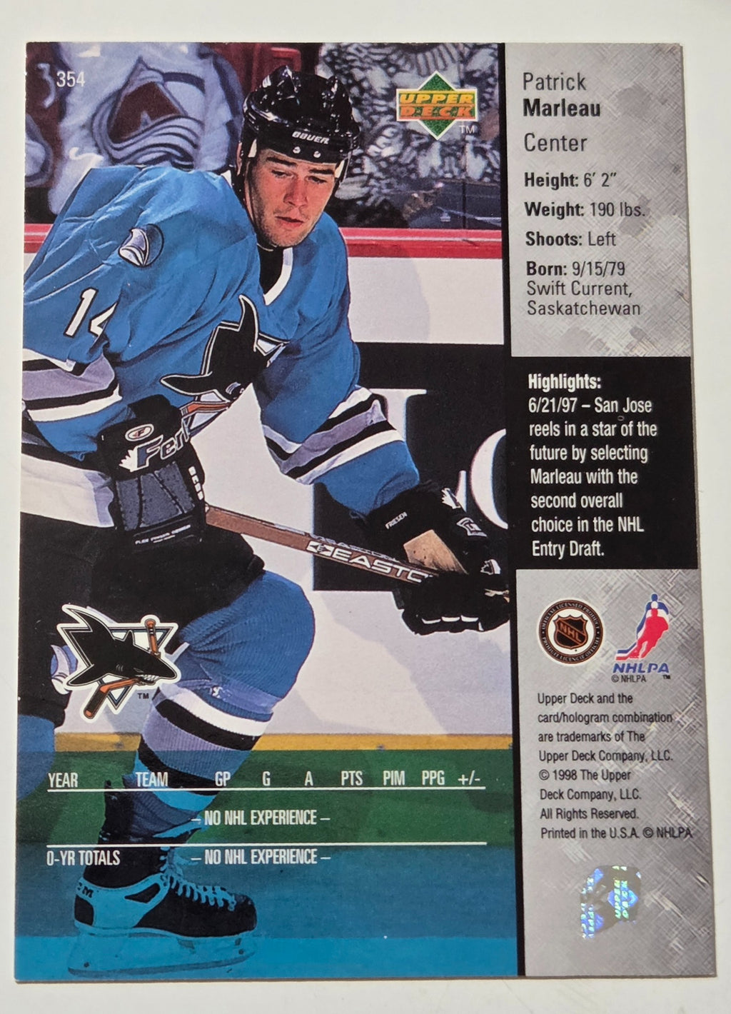 Patrick Marleau Upper Deck #354 Star Rookies back