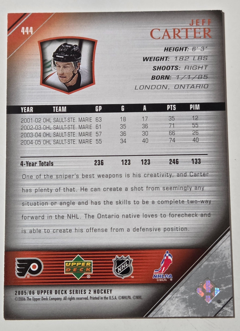 2005-06 Upper Deck Jeff Carter #444 Young Guns RC back