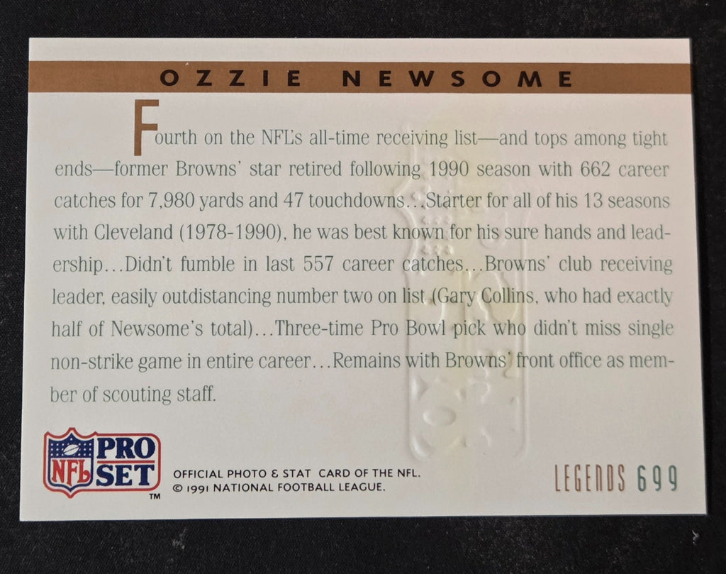 1991 Pro Set Legends Ozzie Newsome #699 card back with embossed impression