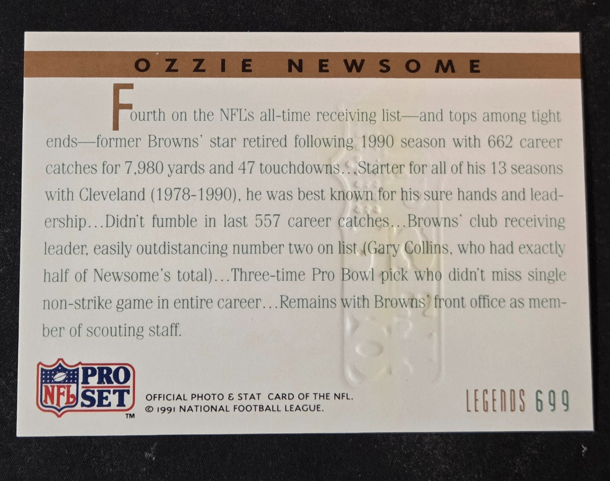 1991 Pro Set Legends Ozzie Newsome #699 card back with embossed impression