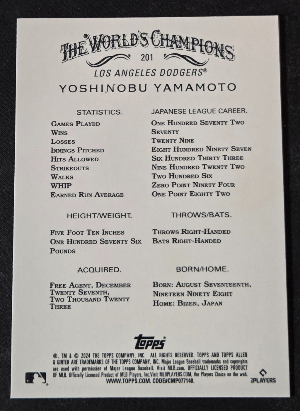 2024 Allen and Ginter Yoshinobu Yamamoto #201 RC back