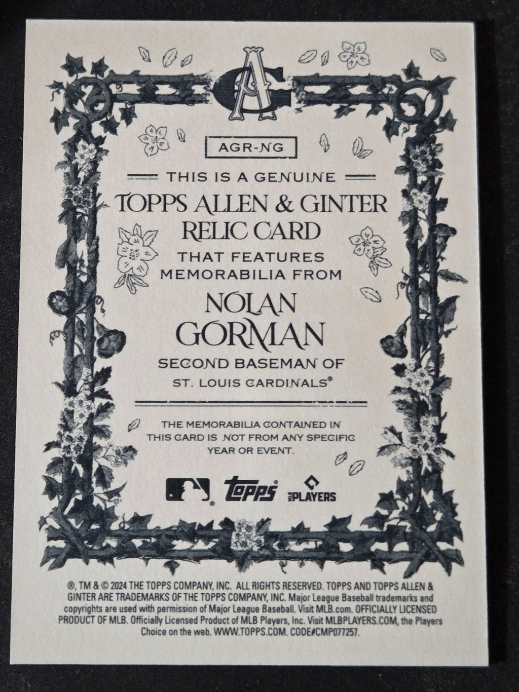 2024 Allen & Ginter Nolan Gorman AGR-NG relic back