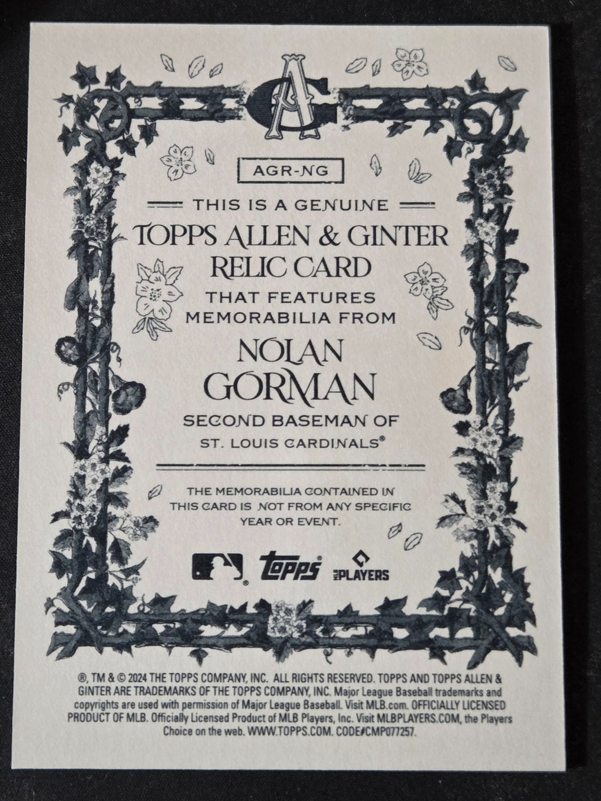 2024 Allen & Ginter Nolan Gorman AGR-NG relic back