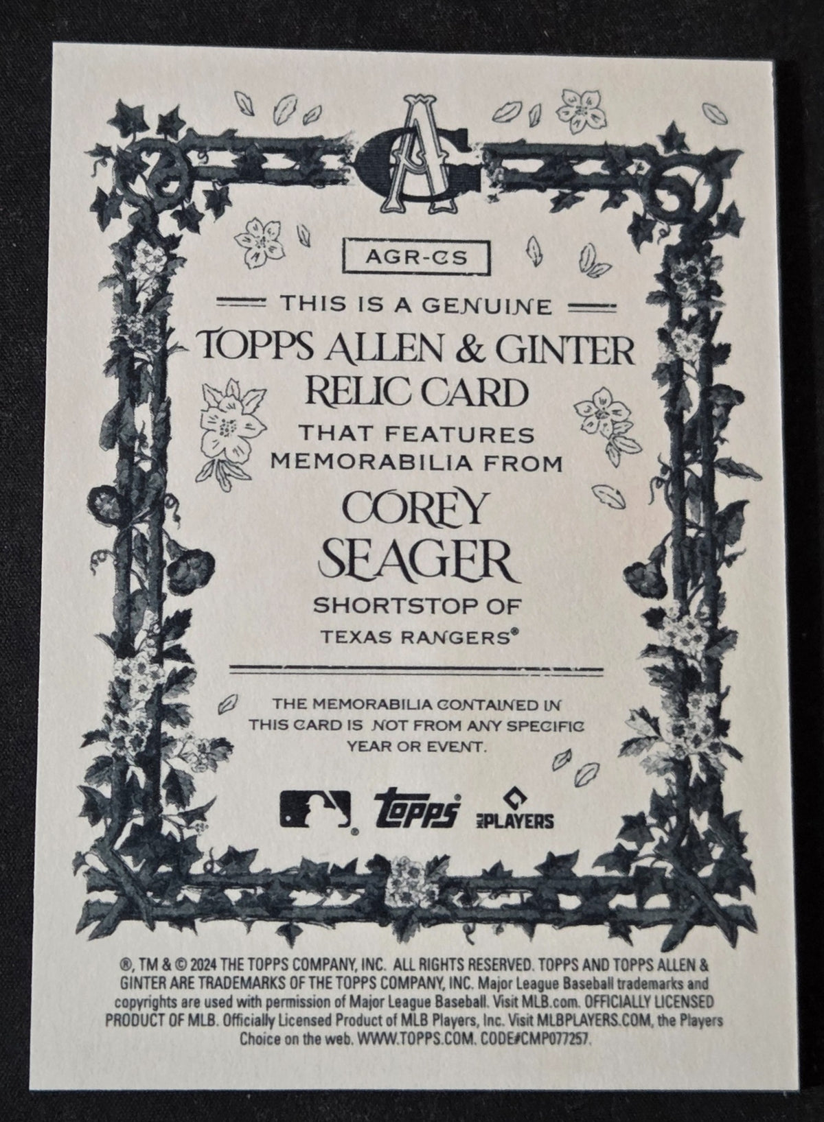 2024 Allen & Ginter Corey Seager AGR-CS relic back