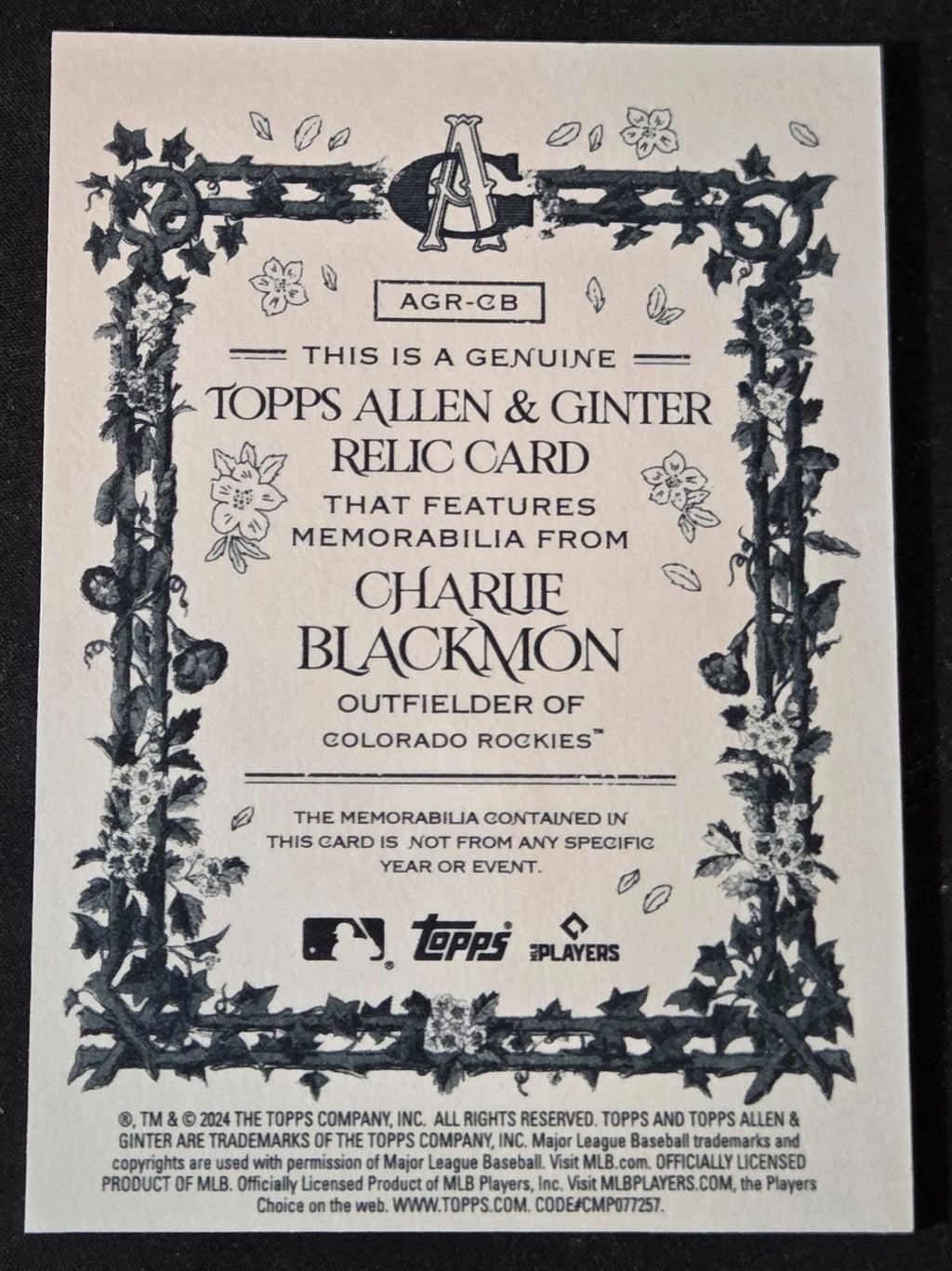 2024 Allen & Ginter Charlie Blackmon AGR-CB Game-Used Relic back