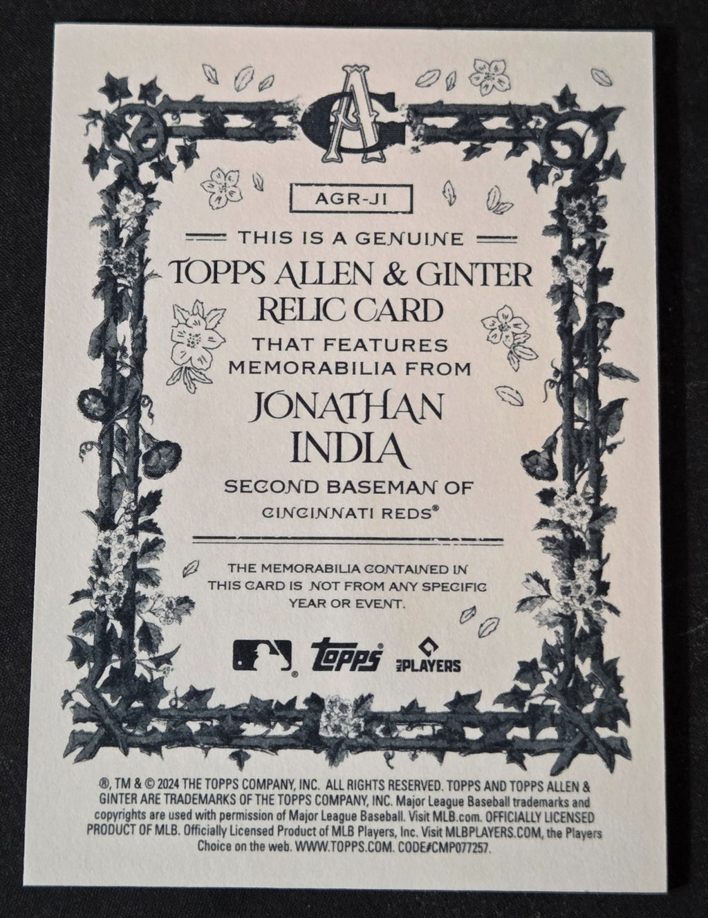 2024 Allen & Ginter Jonathan India AGR-JI Game-Used Bat Relic back