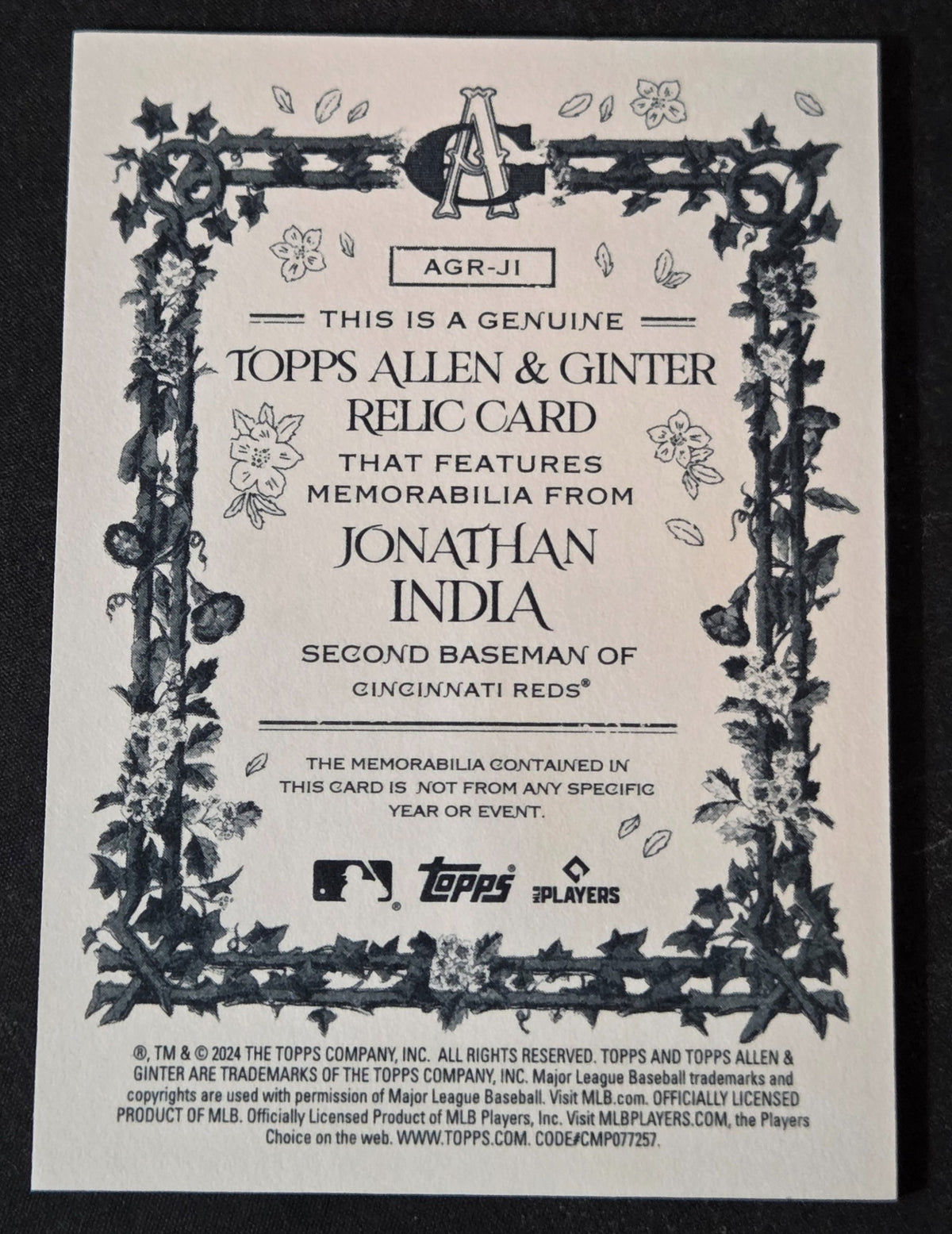2024 Allen & Ginter Jonathan India AGR-JI Game-Used Bat Relic back