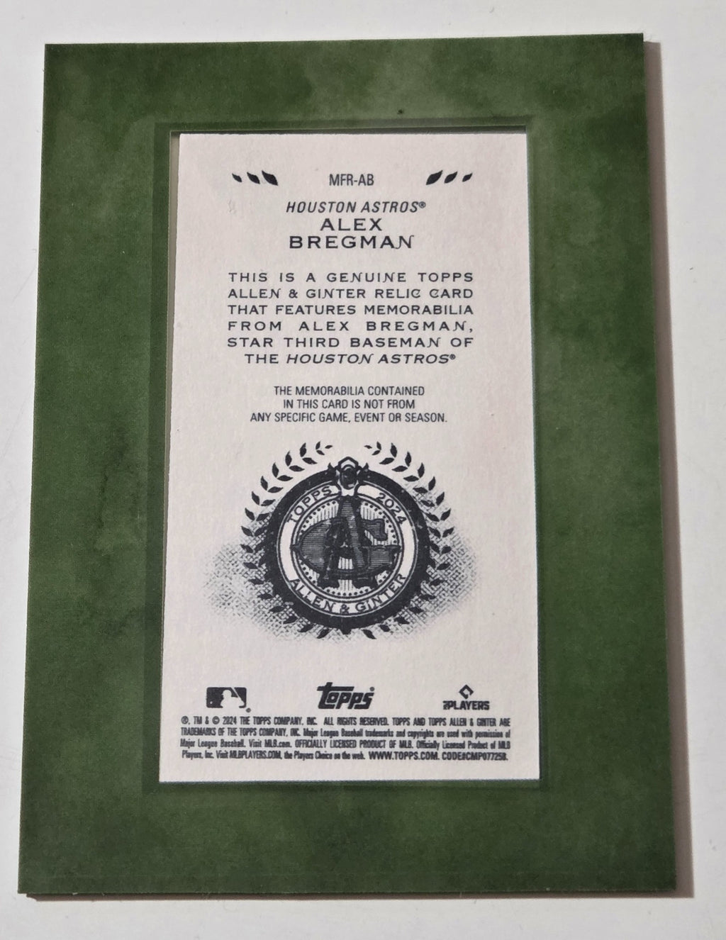 2024 Allen & Ginter Alex Bregman MFR-AB Framed Mini Game-Used Relic back