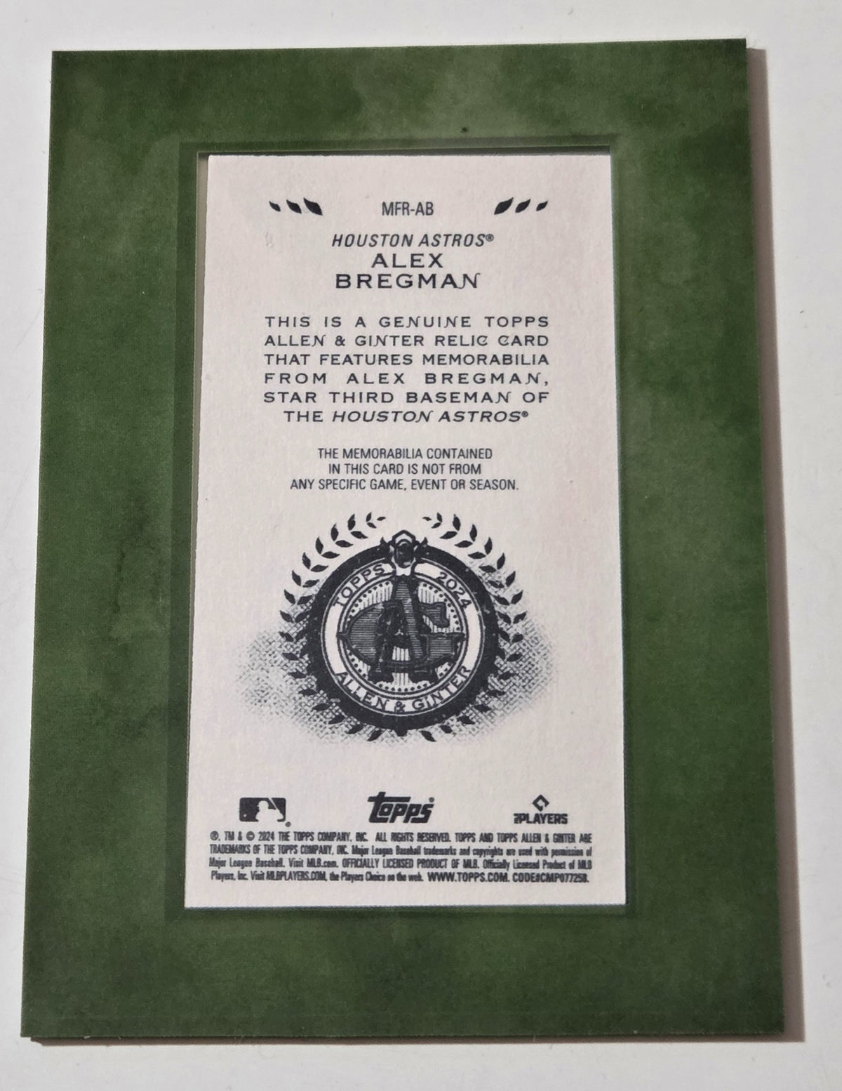 2024 Allen & Ginter Alex Bregman MFR-AB Framed Mini Game-Used Relic back