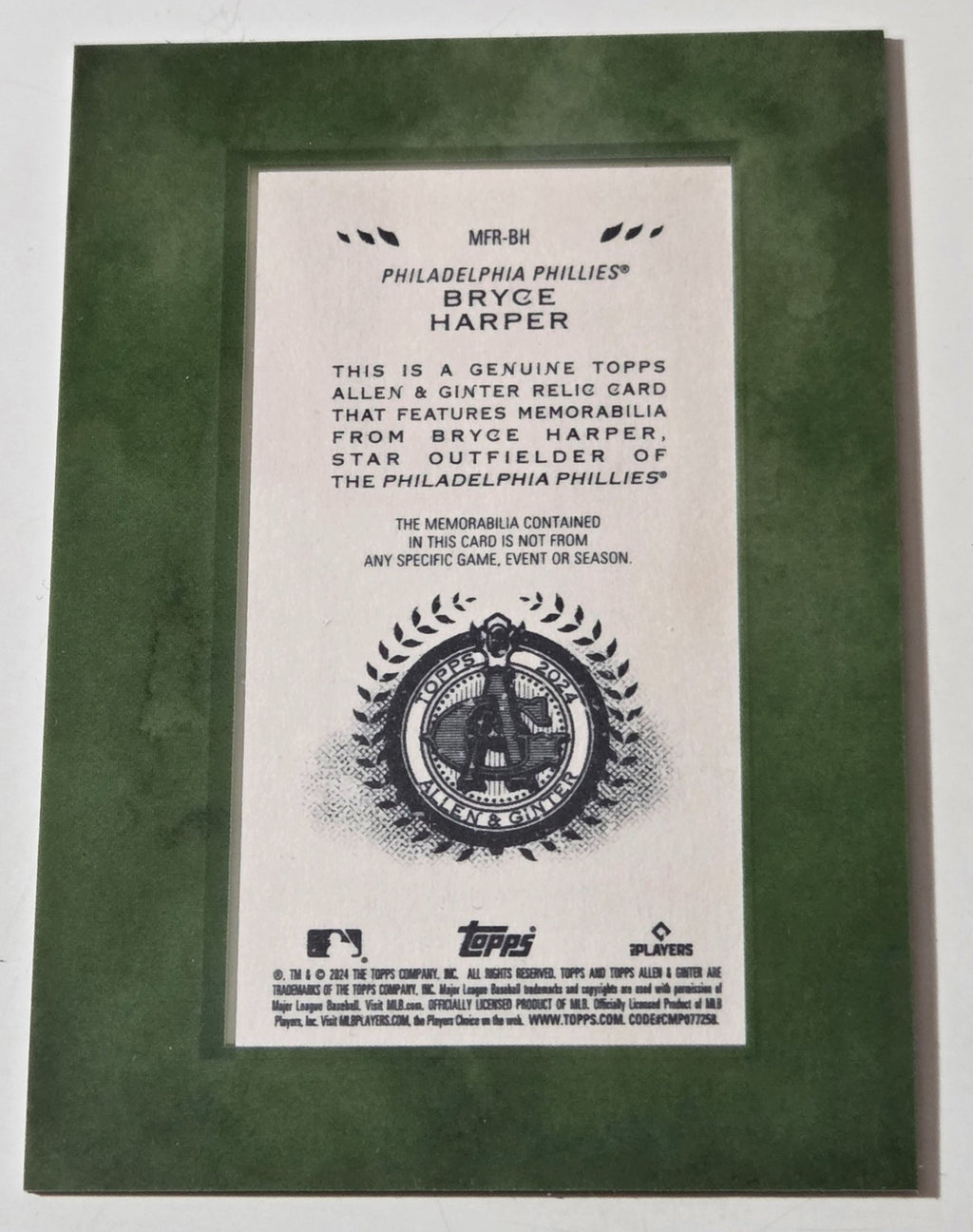 2024 Allen & Ginter Bryce Harper MFR-BH Framed Mini Game-Used Bat Relic back