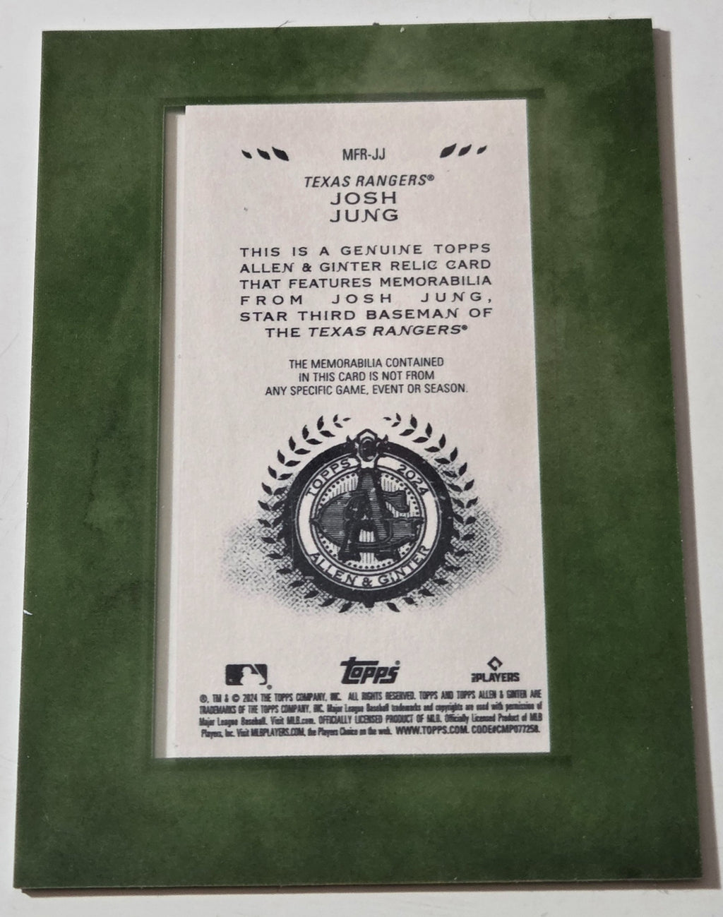 2024 Allen & Ginter Josh Jung MFR-JJ Framed Mini Game-Used Relic back