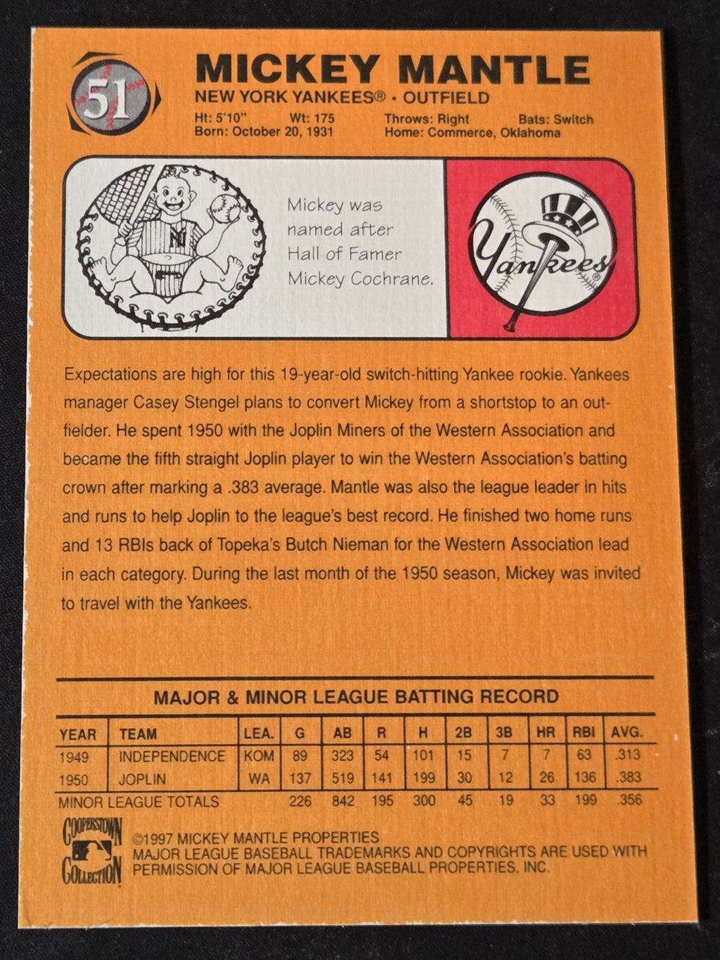 1997 Score Board Shoe Box Collection Mickey Mantle 51 1951 Tribute back