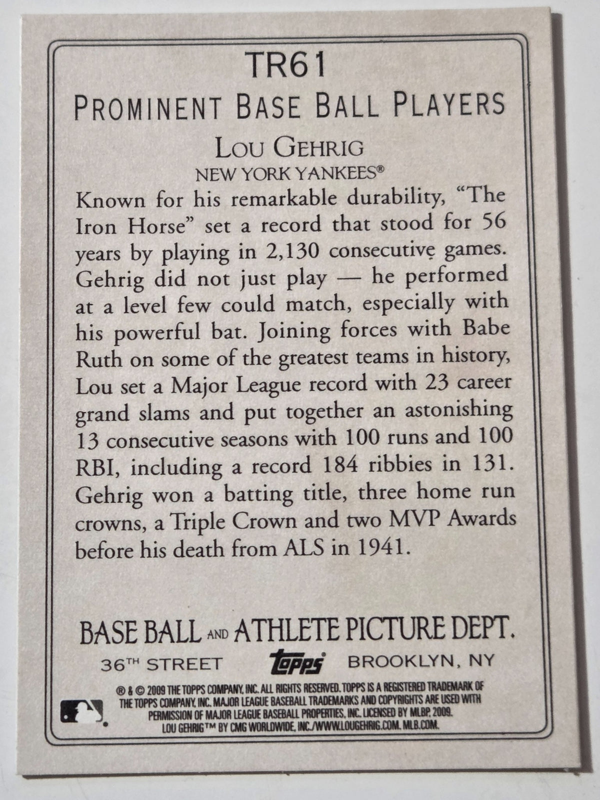 2009 Topps Lou Gehrig TR61 Turkey Red back