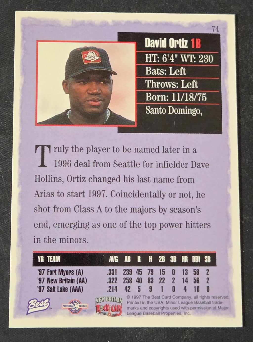 1997 Best David Ortiz 74 Minor League RC back