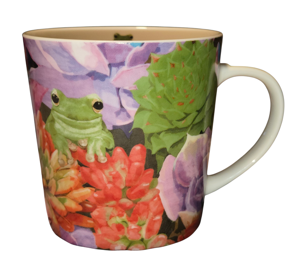PPD Two Can Art mug with green frog and colorful succulents