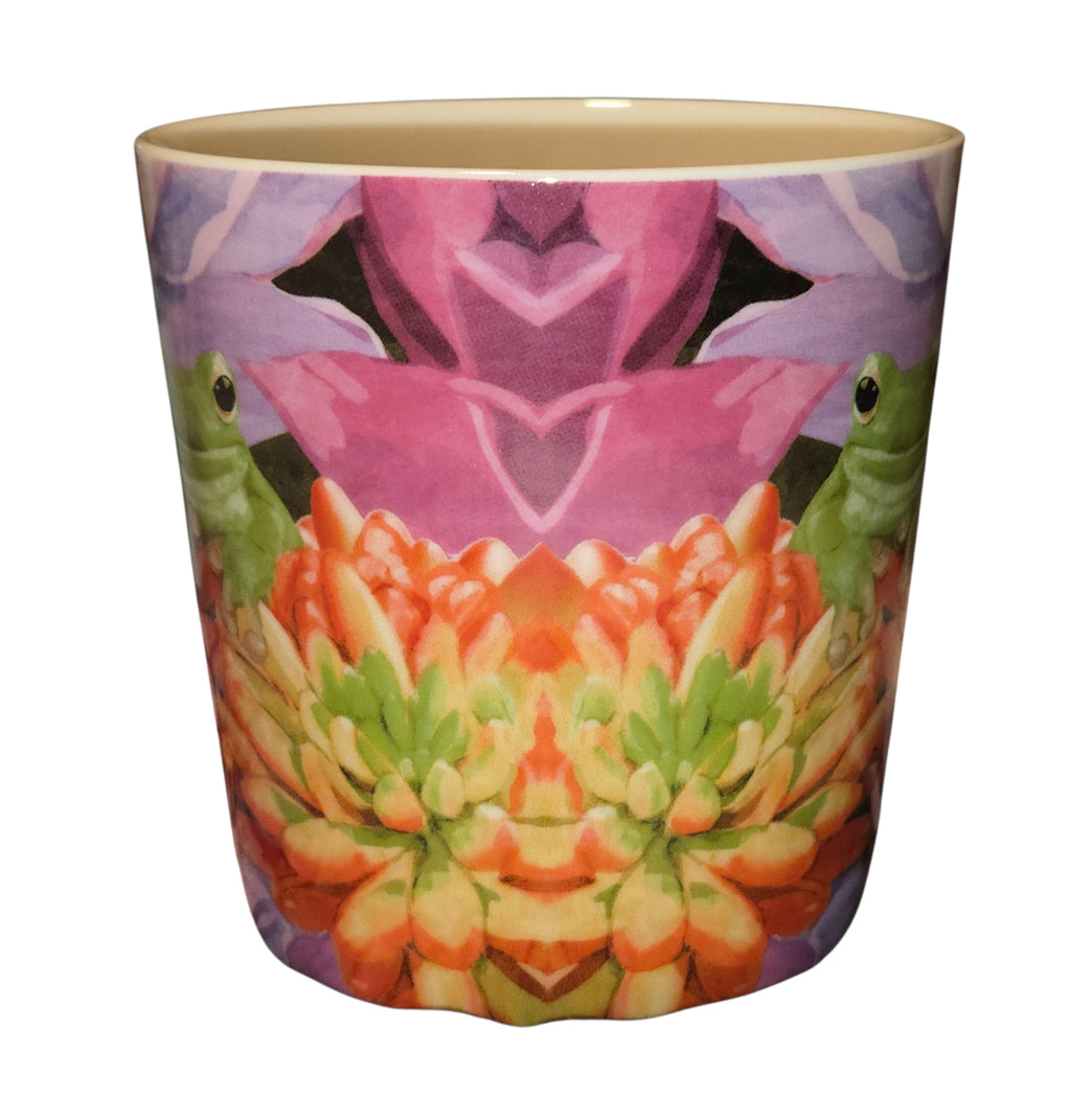 PPD frog mug colorful pink purple orange and green succulent pattern