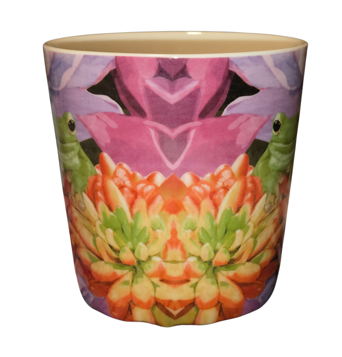 PPD frog mug colorful pink purple orange and green succulent pattern