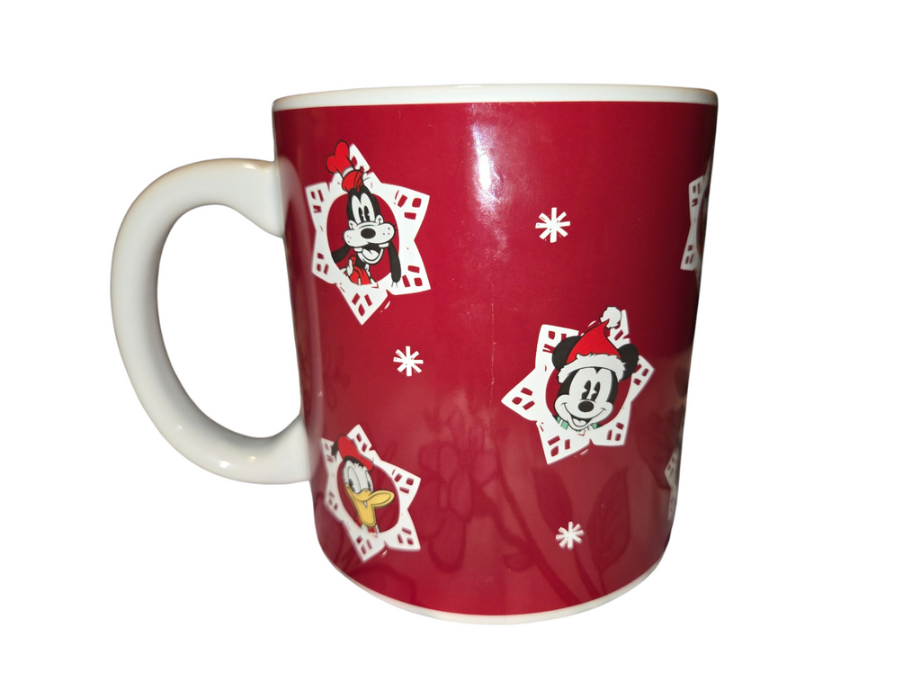 Disney Zrike red Christmas mug with Mickey Donald and Goofy snowflake portraits