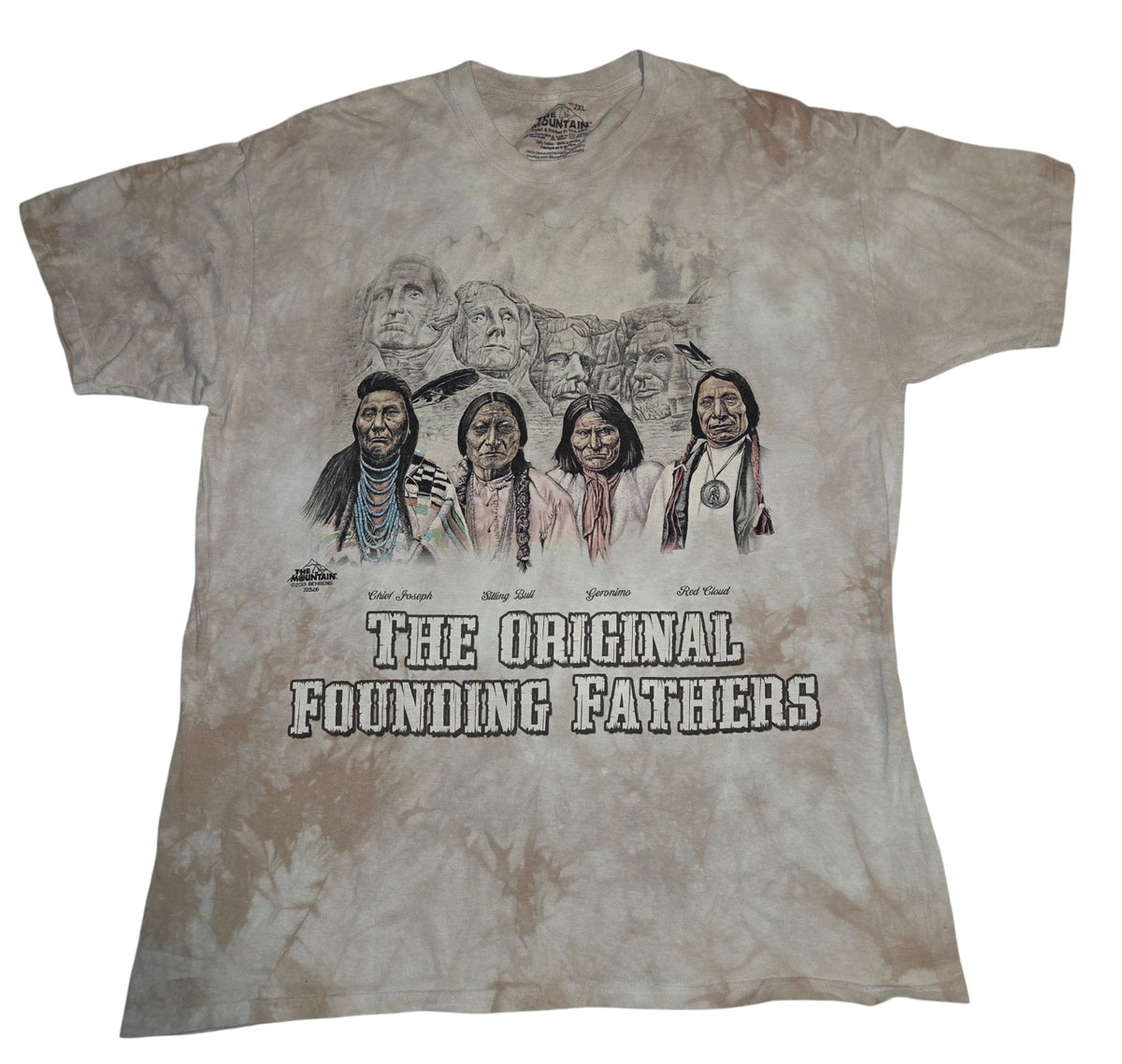 The Mountain Original Founding Fathers tie-dye T-shirt front with Native American leaders and Mount Rushmore