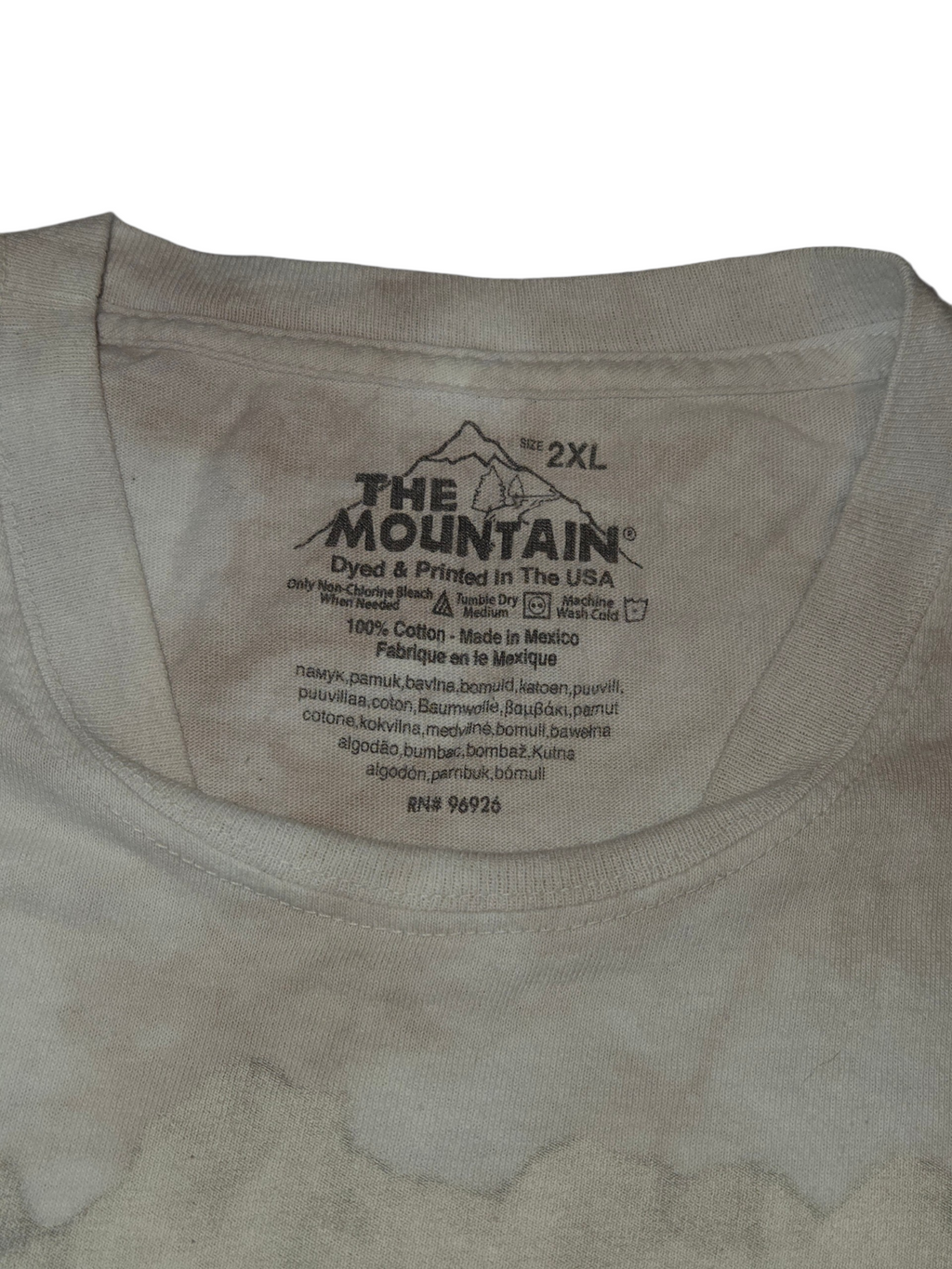 The Mountain 2XL label 100 percent cotton made in Mexico dyed and printed in USA