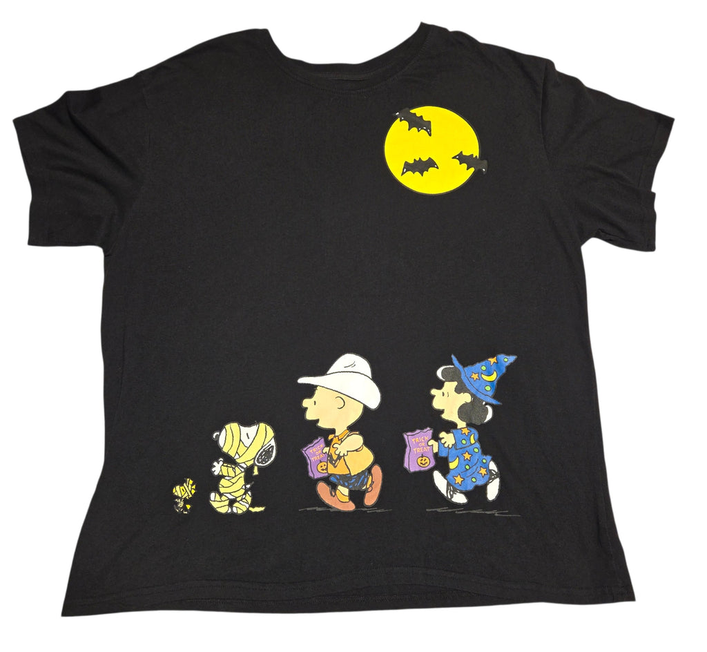 Black Peanuts Halloween T-shirt front with Snoopy Charlie Brown Lucy moon and bats