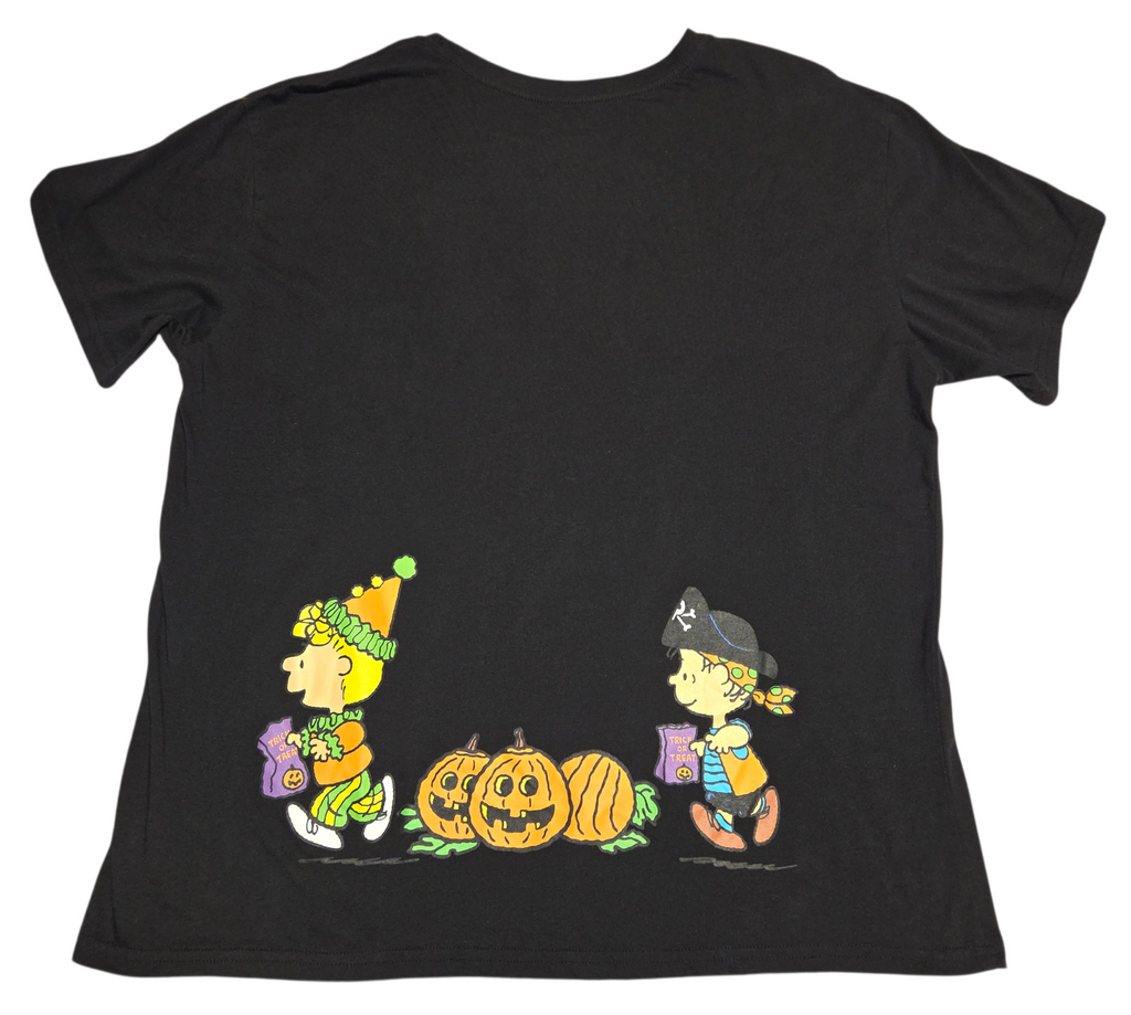 Peanuts Halloween shirt back with Sally Linus and jack-o-lanterns