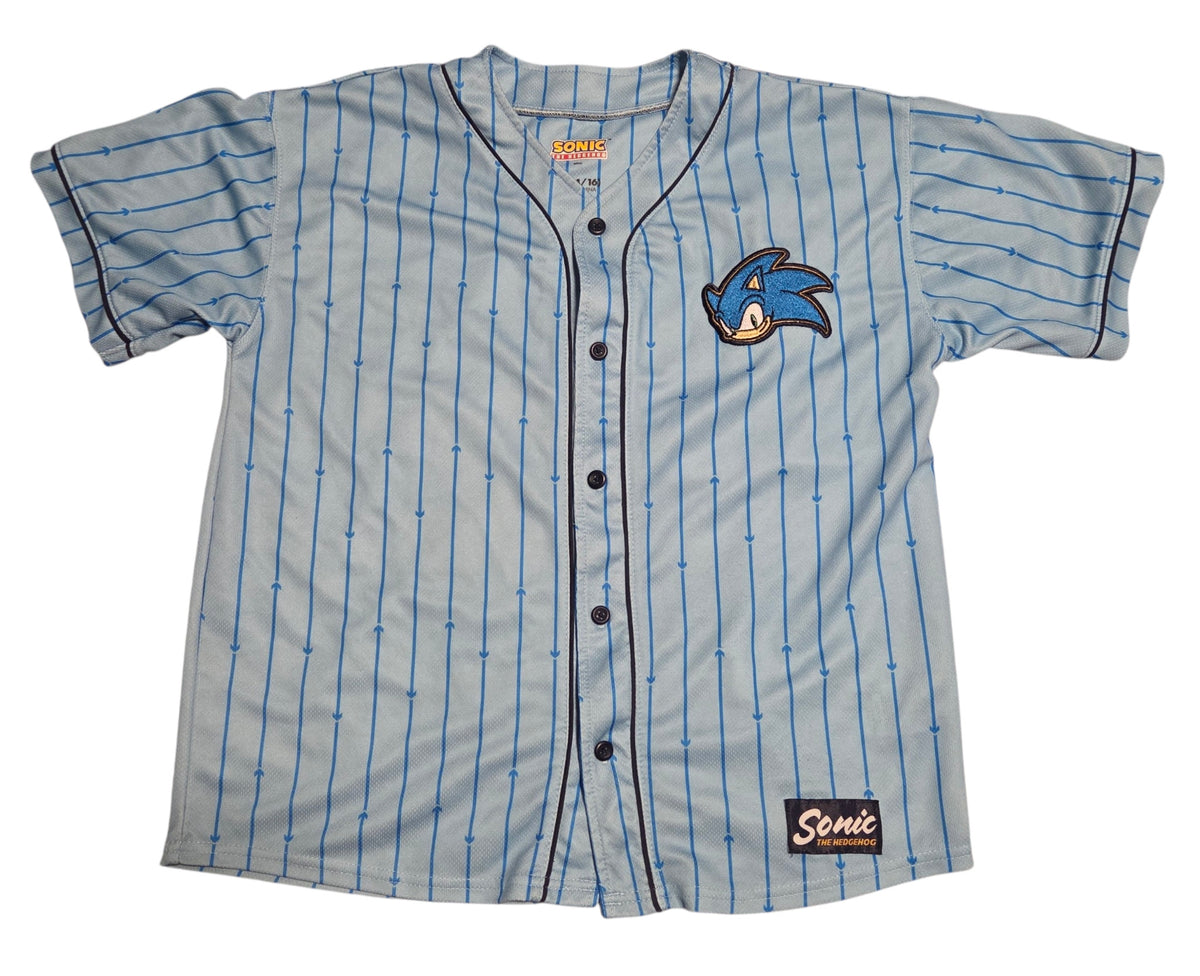 Sonic the Hedgehog blue arrow pinstripe baseball jersey front