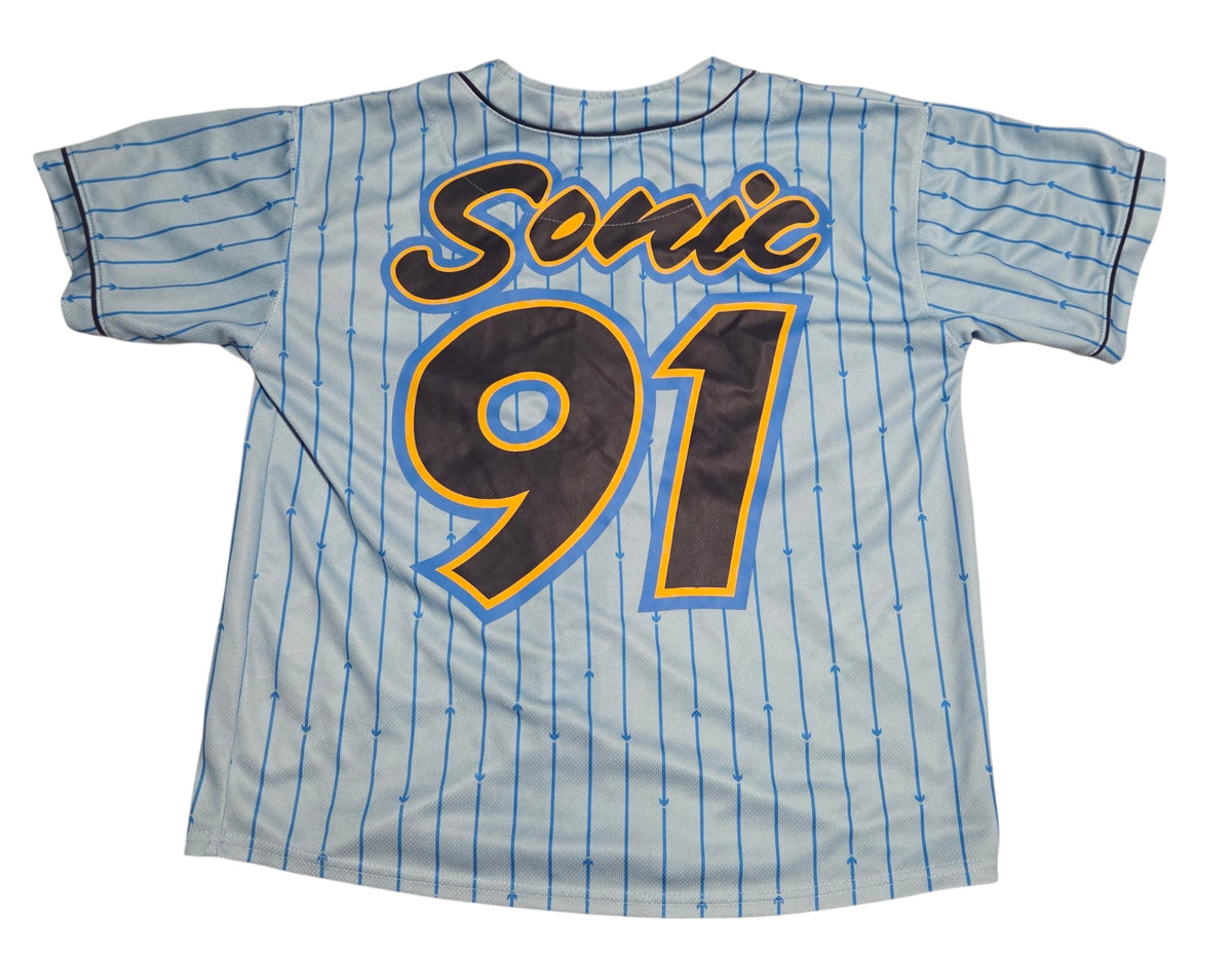 Sonic 91 graphic on back of youth baseball jersey