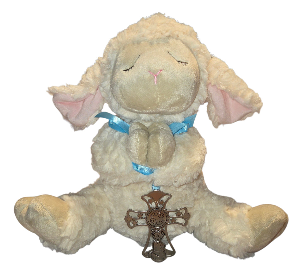 Ganz praying lamb plush with blue ribbon and crib cross front