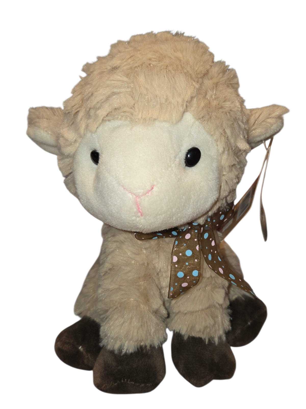 Ganz tan lamb plush with cream face brown hooves and polka dot bow front